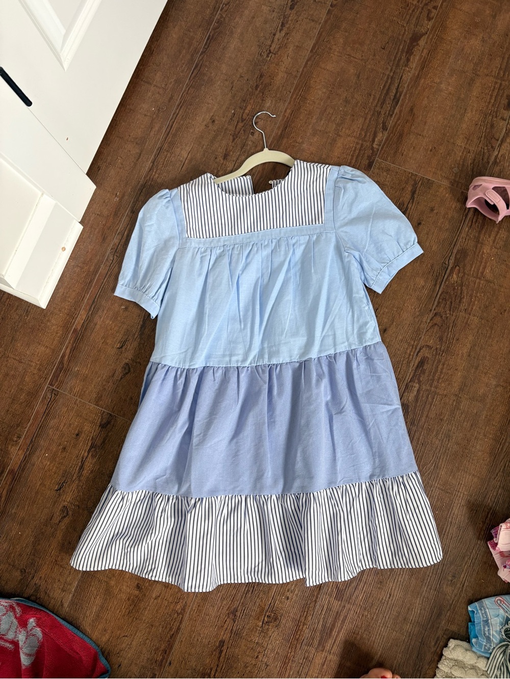 Pomander Place Light Blue Tiered Dress with Stripe Yoke